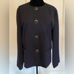 Vintage 90s Minimal Crew Neck Wool Navy Women's Blazer. Size 8